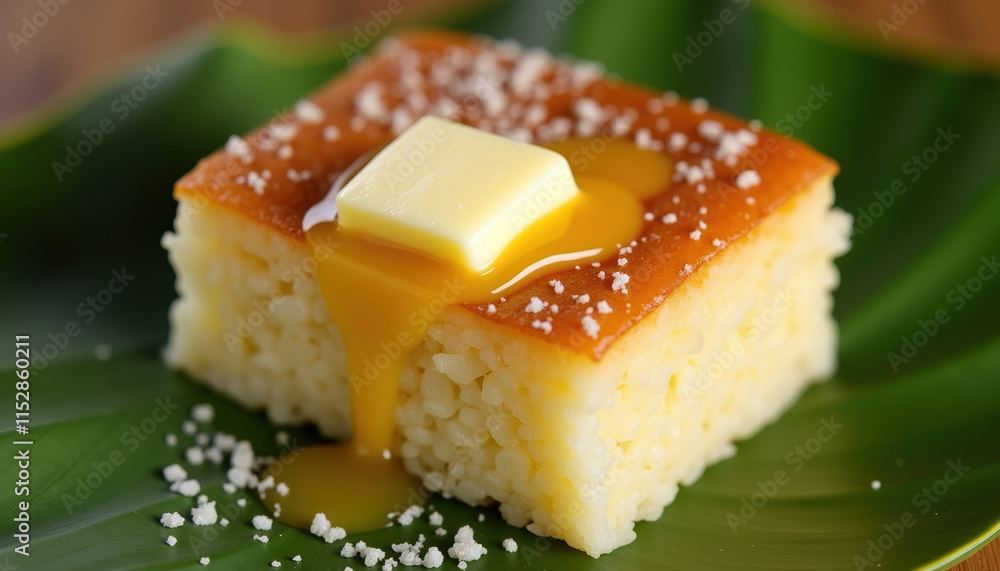 Piece of bibingka made from rice flour with melted butter and sugar served on a banana leaf Piece of bibingka made from rice flour with melted butter and sugar served on a banana leaf