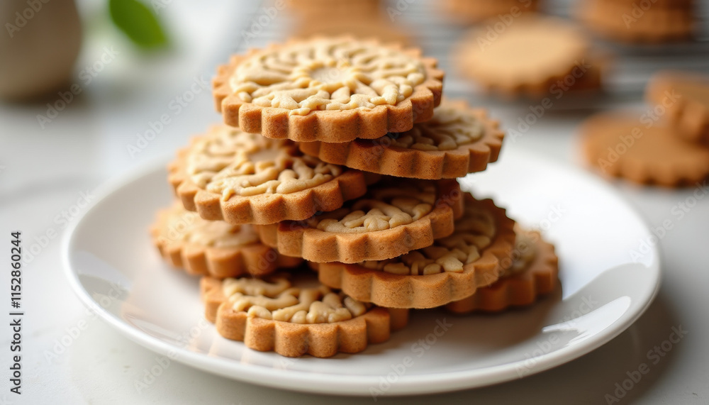 Stack of speculoos cookies with detailed patterns served on a white plate Stack of speculoos cookies with detailed patterns served on a white plate