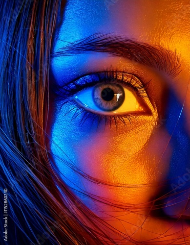 Intense close-up shot of a woman's eye, framed by windswept strands of hair