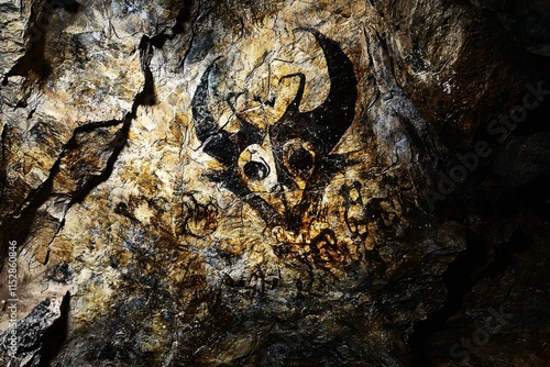 Ancient cave paintings display early human ingenuity through intricate symbols and figures etched into rugged rock, narrating the captivating stories of our ancestors' lives. photo