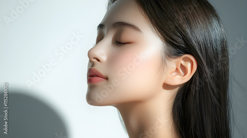 目を閉じた美しい若いアジア人女性の横顔のクローズアップ