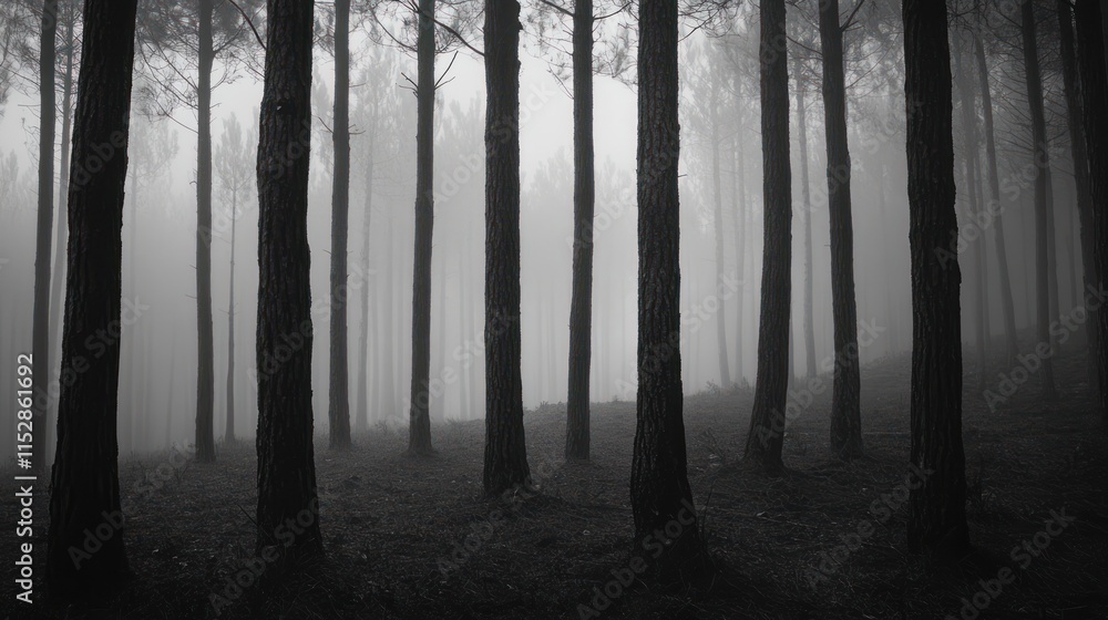A misty forest scene with tall trees shrouded in fog, evoking a sense of mystery. A misty forest scene with tall trees shrouded in fog, evoking a sense of mystery.