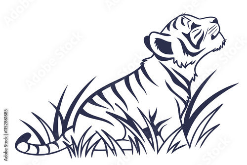 Baby tiger setting grass clean silhouette color white background B.eps