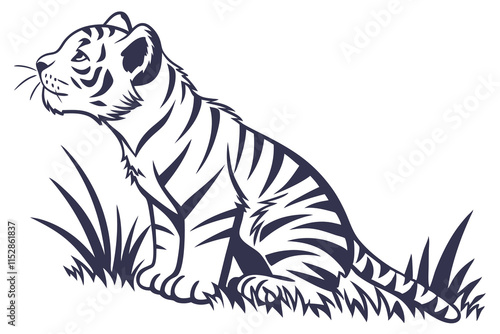 Baby tiger setting grass clean silhouette color white background E.eps