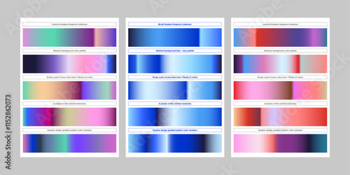 Colorful gradient palette set gradation elements plenty of colors blue tone pink purple orange gradient collection Abstract vibrant colorful gradient swatches set badge label ribbon bold square tape