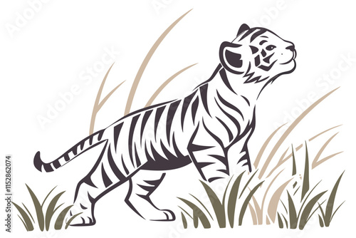 Baby tiger setting grass clean silhouette color white background H.eps