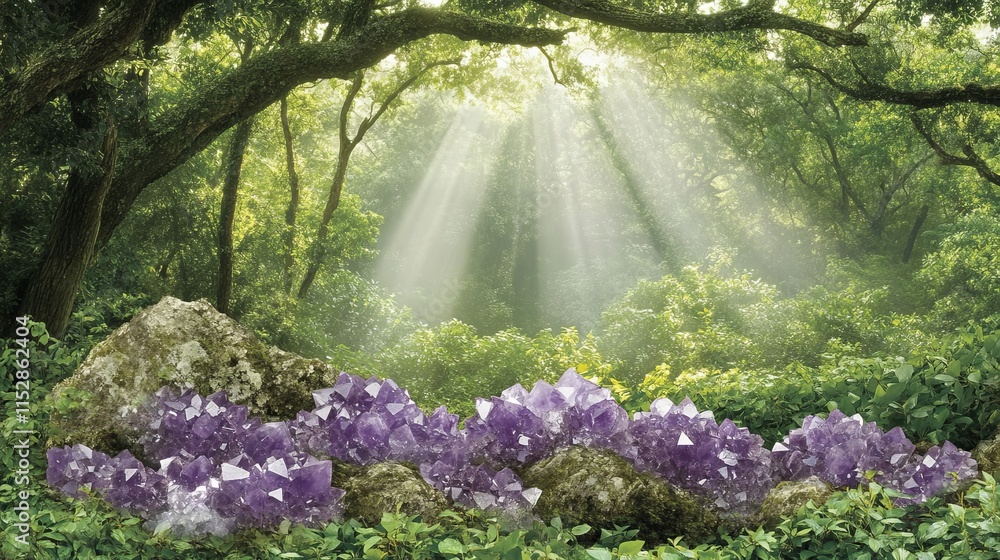Naklejka premium Amethyst Geodes in Serene Forest Sunlight