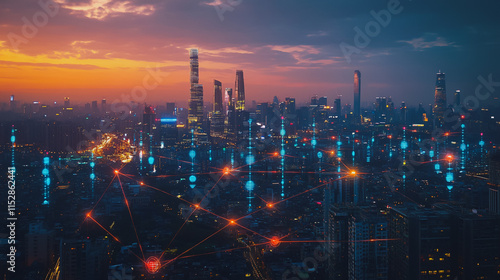 Wallpaper Mural Smart digital city with connection cyber security network reciprocity over the cityscape . future smart wireless digital city and social media networking systems that connects people within the city Torontodigital.ca