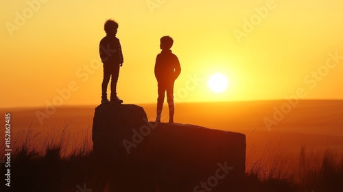 Silhouetted Children Standing on a Rock at Sunset with Golden Skies in the Background, Capturing a Moment of Adventure and Innocence in Nature's Majesty