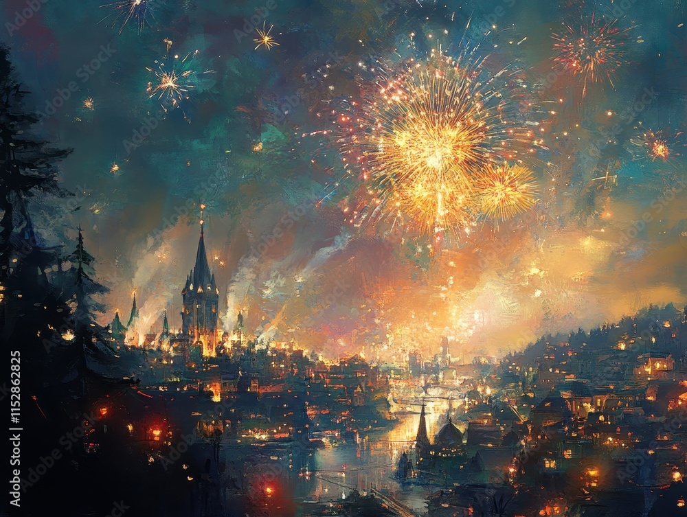 Festive Fireworks Display Over Night Cityscape Festive Fireworks Display Over Night Cityscape