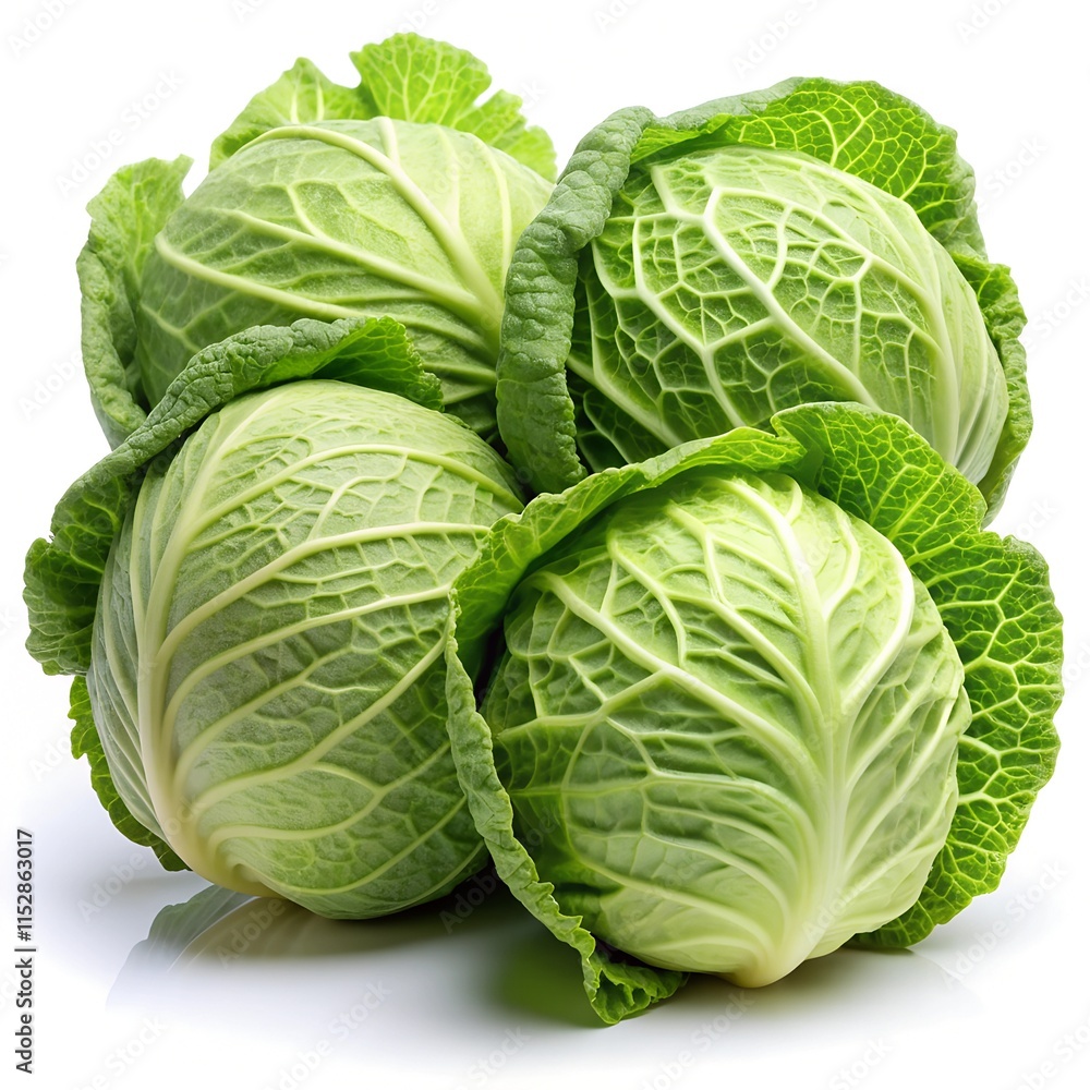 Fototapeta premium Four vibrant green cabbages rest together, showcasing their tightly curled leaves and fresh appearance, ready for culinary use in salads, stir-fries, or soups