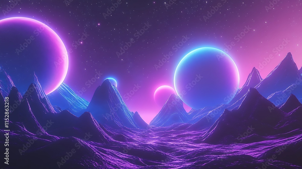 Obraz premium Vibrant Neon Planets Glowing Mysteriously Over a Silhouetted Mountain Range: A Stunning 3D Render in a Retrofuturistic Style. AI Generated