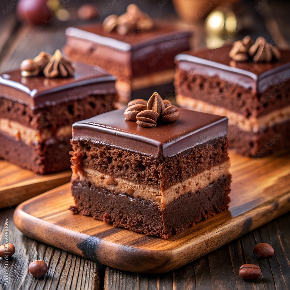 Decadent chocolate squares layered with smooth cream sit elegantly on a wooden platter, adorned with coffee beans and a glossy chocolate glaze, inviting sweet indulgence Decadent chocolate squares layered with smooth cream sit elegantly on a wooden platter, adorned with coffee beans and a glossy chocolate glaze, inviting sweet indulgence