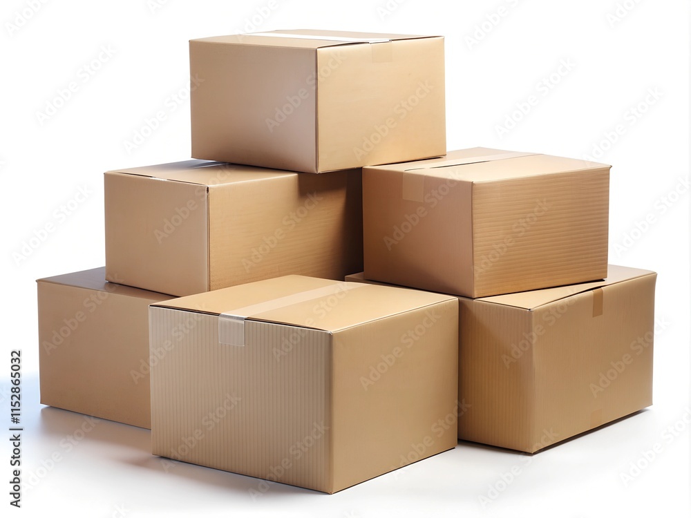 A collection of neatly stacked brown cardboard boxes showcases different sizes and textures, emphasizing their potential for storage and shipping at a bustling logistics hub A collection of neatly stacked brown cardboard boxes showcases different sizes and textures, emphasizing their potential for storage and shipping at a bustling logistics hub