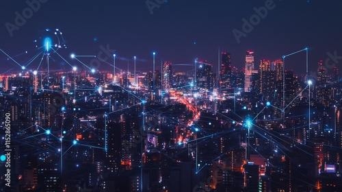 Wallpaper Mural Smart digital city with connection cyber security network reciprocity over the cityscape . future smart wireless digital city and social media networking systems that connects people within the city Torontodigital.ca