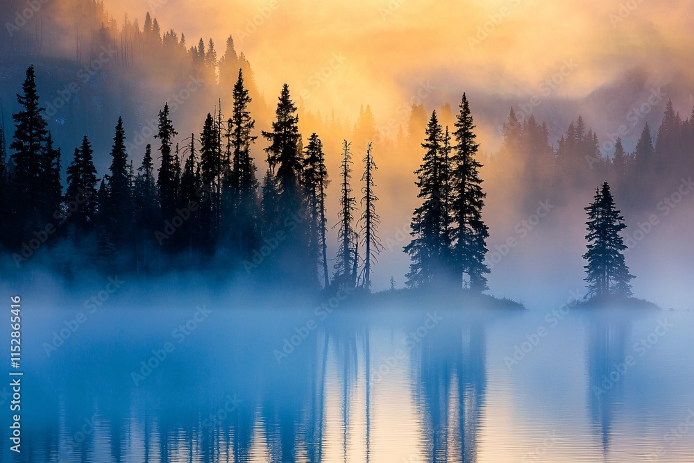 Obraz premium A serene misty morning blankets the lake, unveiling soft fog and silhouetted trees, creating a captivating scene for photographers and nature lovers.