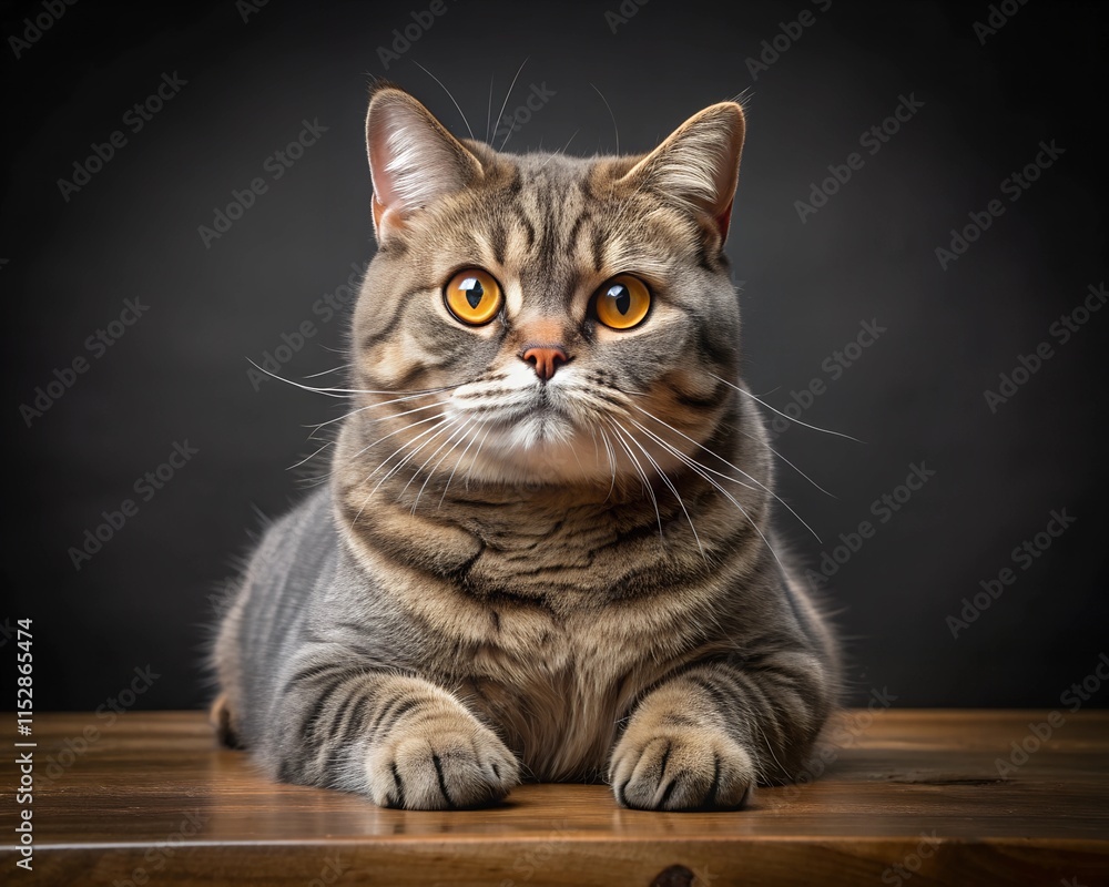 The elegant cat with bright orange eyes rests gracefully on a polished wooden surface. Its expressive features and soft fur capture a sense of calm and curiosity in the atmosphere