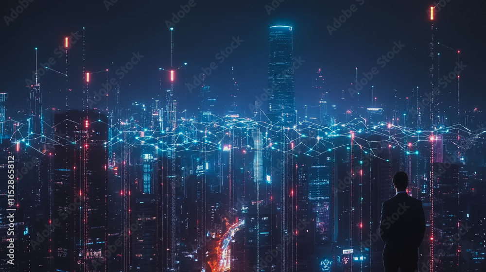 Fototapeta premium Smart digital city with connection cyber security network reciprocity over the cityscape . future smart wireless digital city and social media networking systems that connects people within the city
