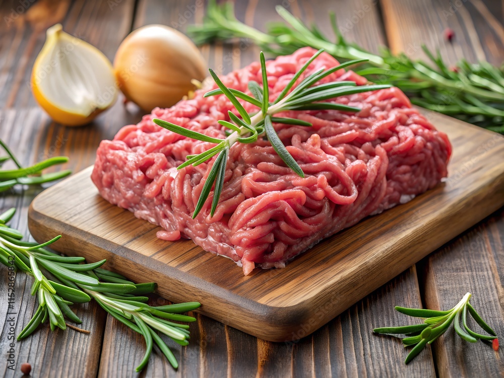 A vibrant display of freshly ground meat sits atop a wooden cutting board, garnished with aromatic rosemary and accompanied by onions. Perfect for culinary adventures A vibrant display of freshly ground meat sits atop a wooden cutting board, garnished with aromatic rosemary and accompanied by onions. Perfect for culinary adventures