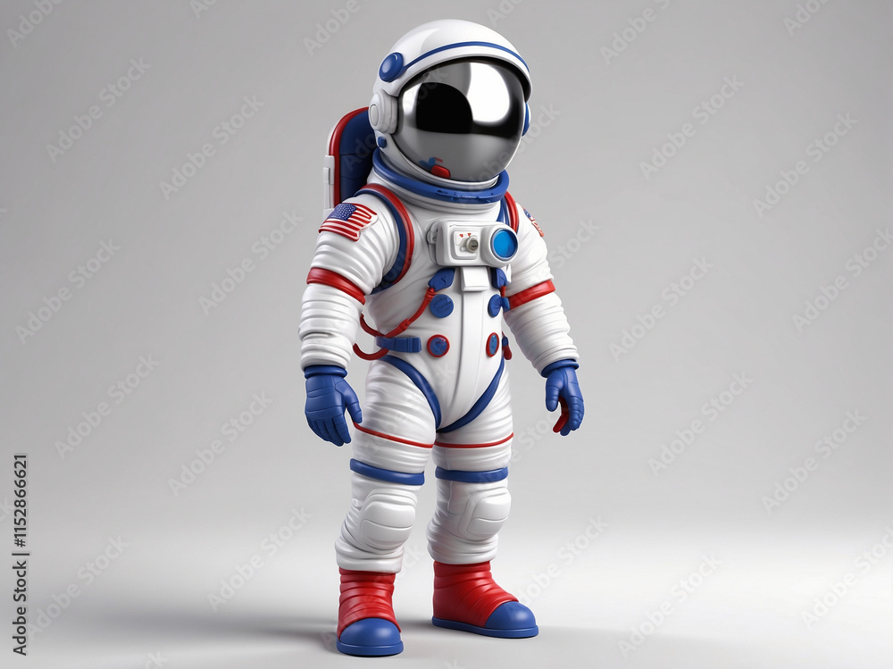 Fototapeta premium 3D cartoon-style astronaut wearing a full, detailed spacesuit, including a helmet with a reflective visor, gloves, and boots