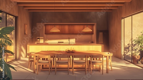 Wallpaper Mural Warm Light Bathes Modern Kitchen 3D Render: Minimalist Interior Design Visualization. AI Generated Torontodigital.ca