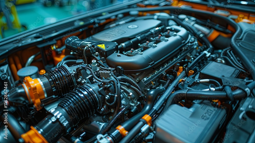 Close-up of a Modern Car Engine's Intricate Internal Components Close-up of a Modern Car Engine's Intricate Internal Components