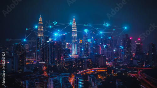 Wallpaper Mural Smart digital city with connection cyber security network reciprocity over the cityscape . future smart wireless digital city and social media networking systems that connects people within the city Torontodigital.ca