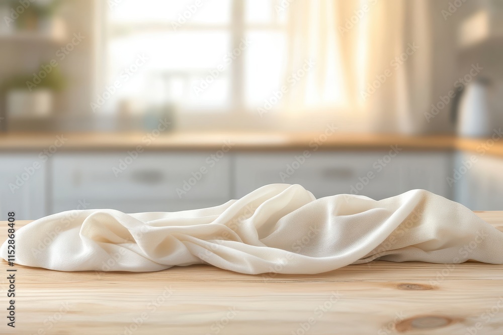 White cloth draped on wooden kitchen counter. White cloth draped on wooden kitchen counter.
