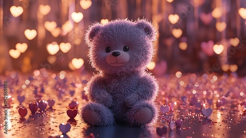 Wallpaper Mural A fluffy teddy bear sits amidst hearts and lights Torontodigital.ca