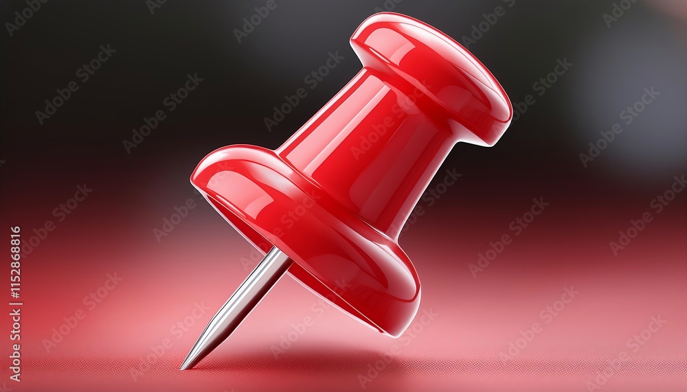 A close-up of a red pushpin on a surface, highlighting its glossy finish and sharp point, ideal for holding papers or notes.
