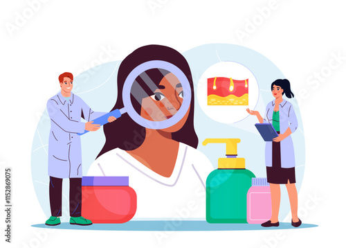 Team of dermatologists. Woman and man in medical uniform examining womens faces. Dermatology and cosmetology. Healthcare and medicine. Face lifting and facial cleansing. Flat vector illustration