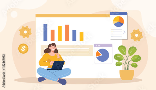 An illustration of an analytical work environment, featuring a professional analyzing data charts on a laptop or digital screen. 
