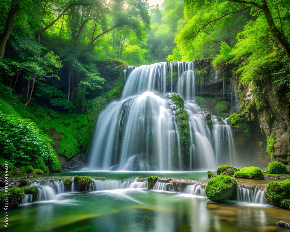 A stunning waterfall flows gracefully into a tranquil pool surrounded by vibrant greenery. Sunlight filters through the trees, creating an enchanting atmosphere in the serene forest A stunning waterfall flows gracefully into a tranquil pool surrounded by vibrant greenery. Sunlight filters through the trees, creating an enchanting atmosphere in the serene forest