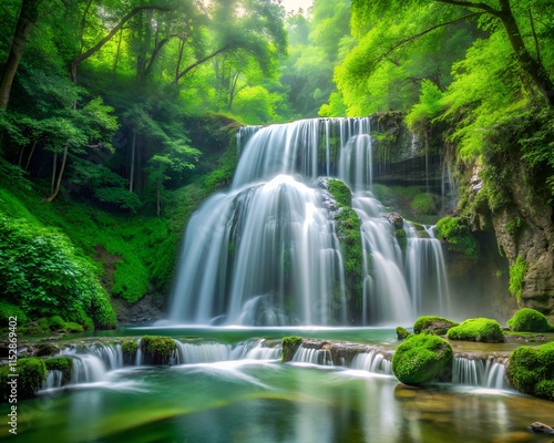 A stunning waterfall flows gracefully into a tranquil pool surrounded by vibrant greenery. Sunlight filters through the trees, creating an enchanting atmosphere in the serene forest