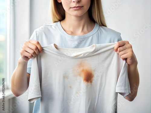 A woman stands indoors, holding a light-colored shirt stained with a noticeable red mark. Her expression reflects frustration as daylight streams through a nearby window