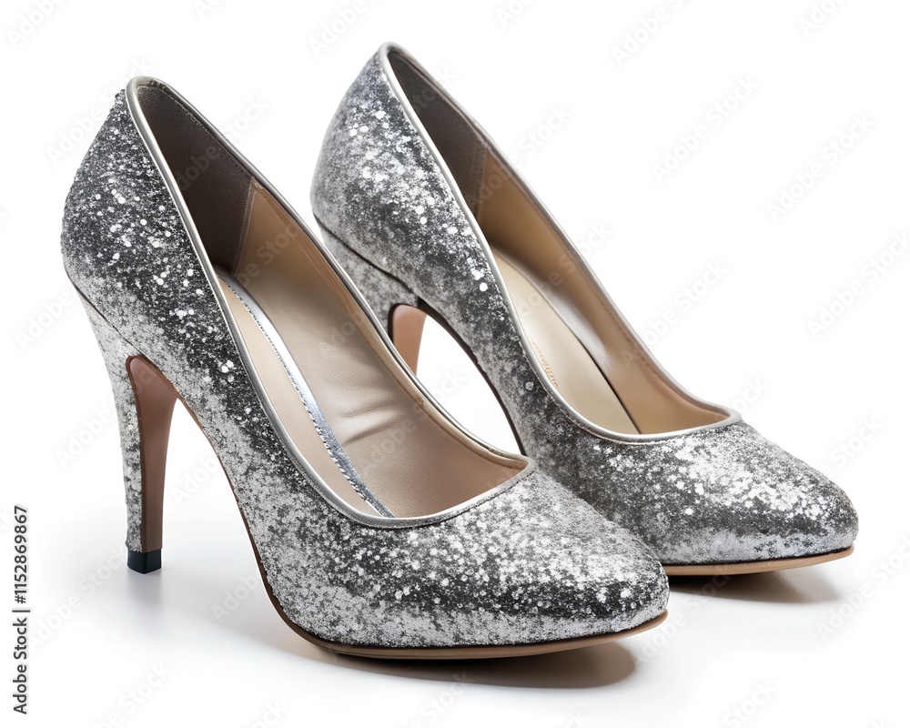 Obraz premium Shimmering silver high heels gleam with glitter as they stand elegantly, perfect for enhancing a stylish outfit at a celebration or night on the town