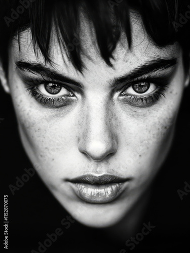 Black-and-White Close-Up Portrait of a Young Woman with Intense Gaze