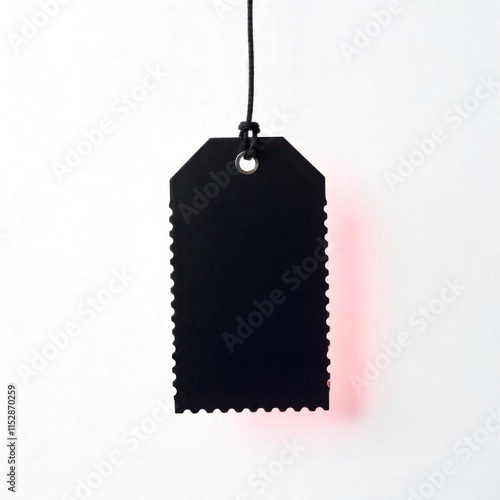 A black rectangular tag or label with a string attached, white background, Empty black tick