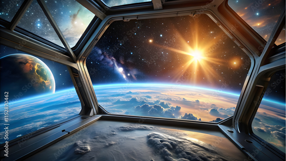 View from Spacecraft Window Overlooking Earth and Stars. Perfect for: Space Exploration Events, Sci-Fi Movie Nights, Planetariums View from Spacecraft Window Overlooking Earth and Stars. Perfect for: Space Exploration Events, Sci-Fi Movie Nights, Planetariums
