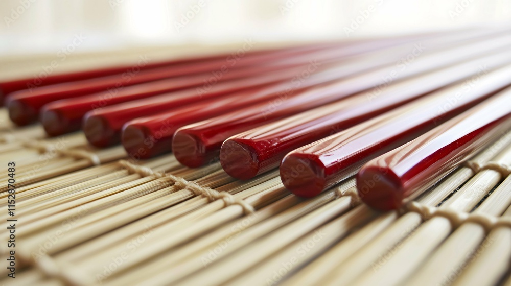 Elegant red lacquer chopsticks rest on a minimalist bamboo mat, showcasing traditional Asian dining aesthetics and exquisite craftsmanship against a softly blurred background. Elegant red lacquer chopsticks rest on a minimalist bamboo mat, showcasing traditional Asian dining aesthetics and exquisite craftsmanship against a softly blurred background.