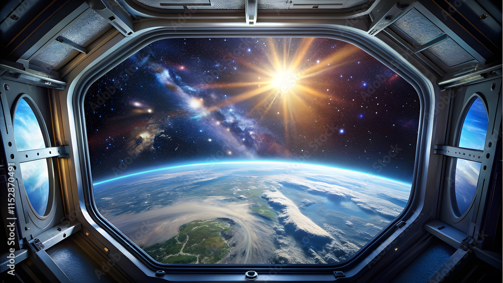 View from Spacecraft Window Overlooking Earth and Stars. Perfect for: Space Exploration Events, Sci-Fi Movie Nights, Planetariums View from Spacecraft Window Overlooking Earth and Stars. Perfect for: Space Exploration Events, Sci-Fi Movie Nights, Planetariums