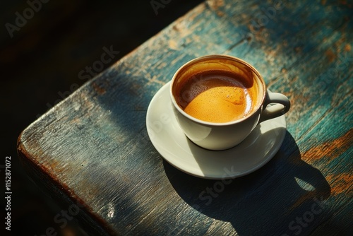 Espresso coffee in white cup on rustic wooden table. photo