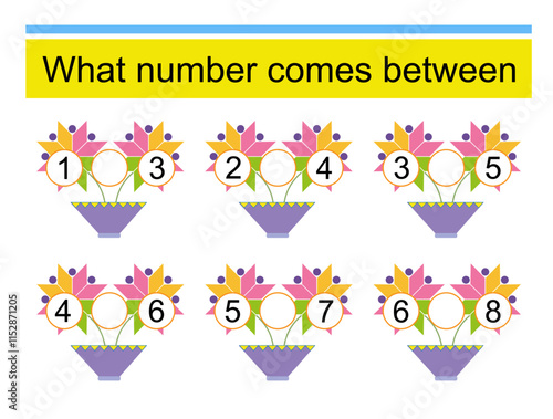 Math worksheets for children. Vector illustration of cartoon flowers