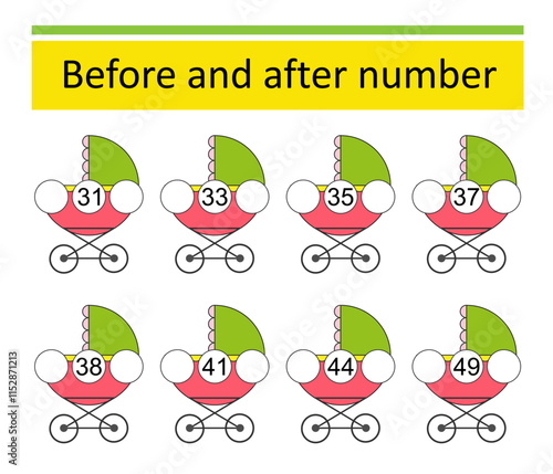 Math worksheets for kids. Number range up to 50. Vector illustration of cartoon baby carriage.
