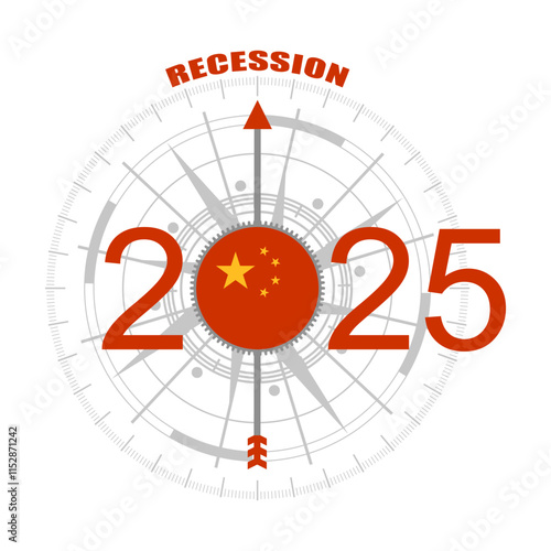 Business and economic of China recession concept illustration. Abstract compass points to the recession word