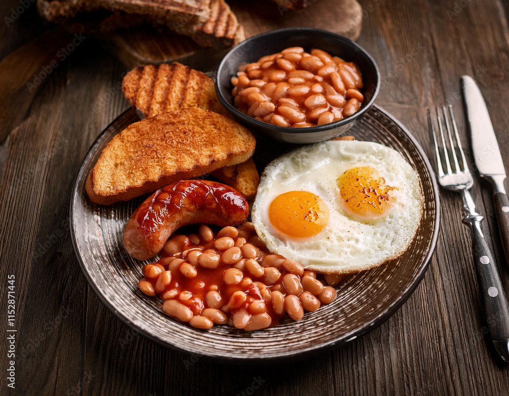 Fototapeta premium A traditional English breakfast features sunny-side-up eggs, grilled sausages, baked beans, and toasted bread served on a rustic plate against a wooden table.