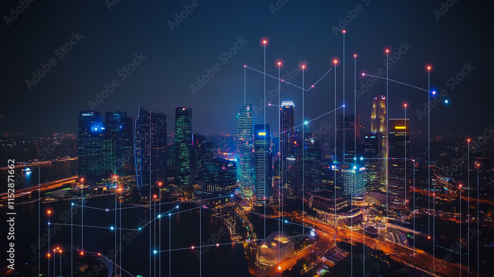 Fototapeta premium Smart digital city with connection cyber security network reciprocity over the cityscape . future smart wireless digital city and social media networking systems that connects people within the city