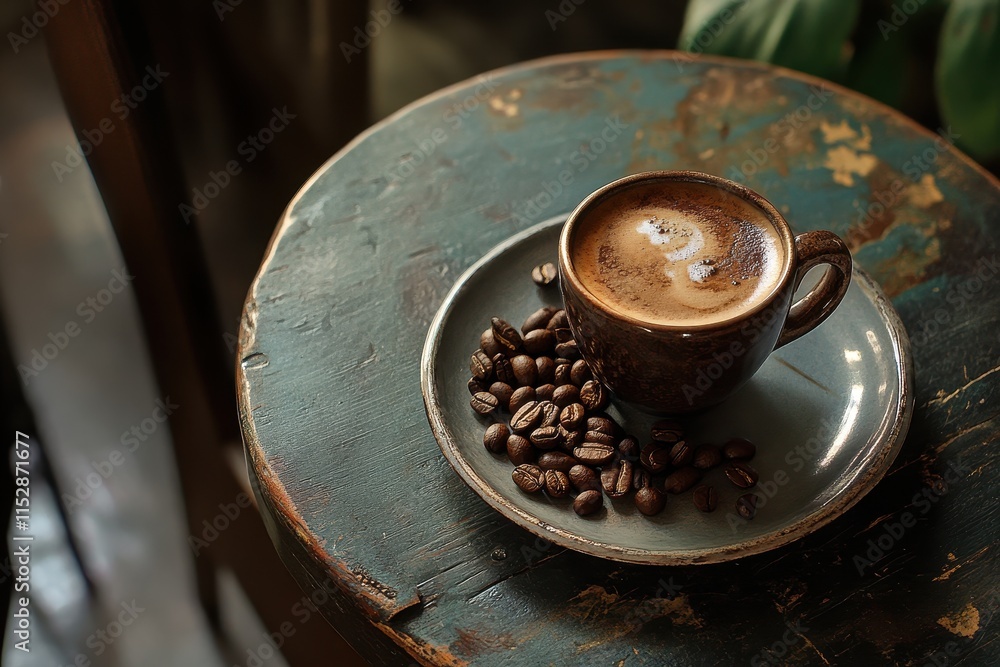 Coffee cup with latte art and beans on rustic table. Coffee cup with latte art and beans on rustic table.
