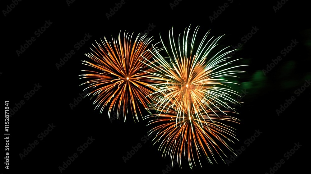 Vibrant orange and white fireworks exploding in the night sky. Vibrant orange and white fireworks exploding in the night sky.