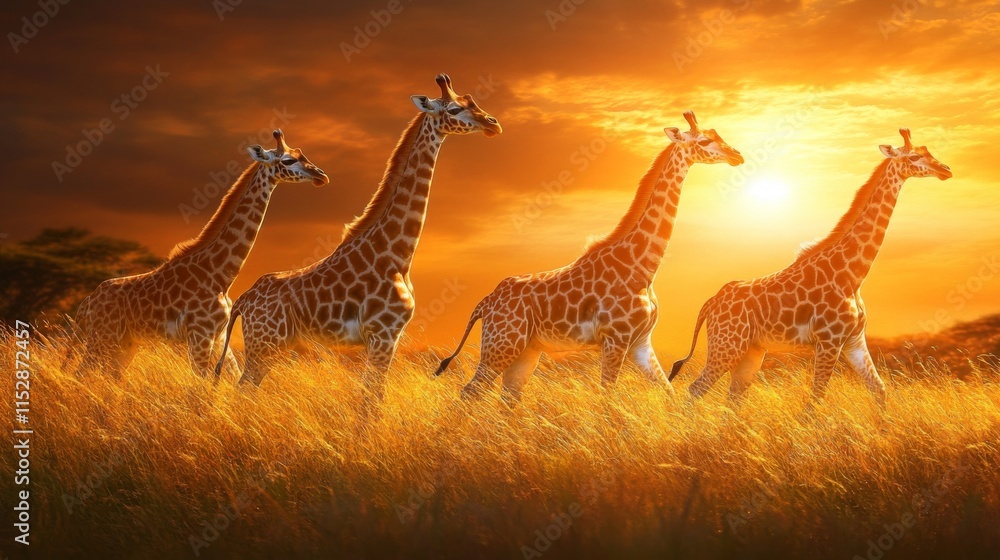 Obraz premium Majestic Giraffes Walking Gracefully Across a Golden Savanna at Sunset with Vibrant Colors Lighting the Scene in an African Landscape